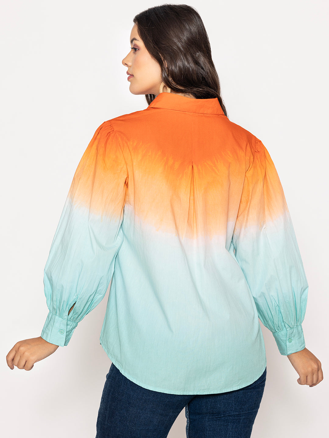 Back view of orange sky blue ombre cotton shirt