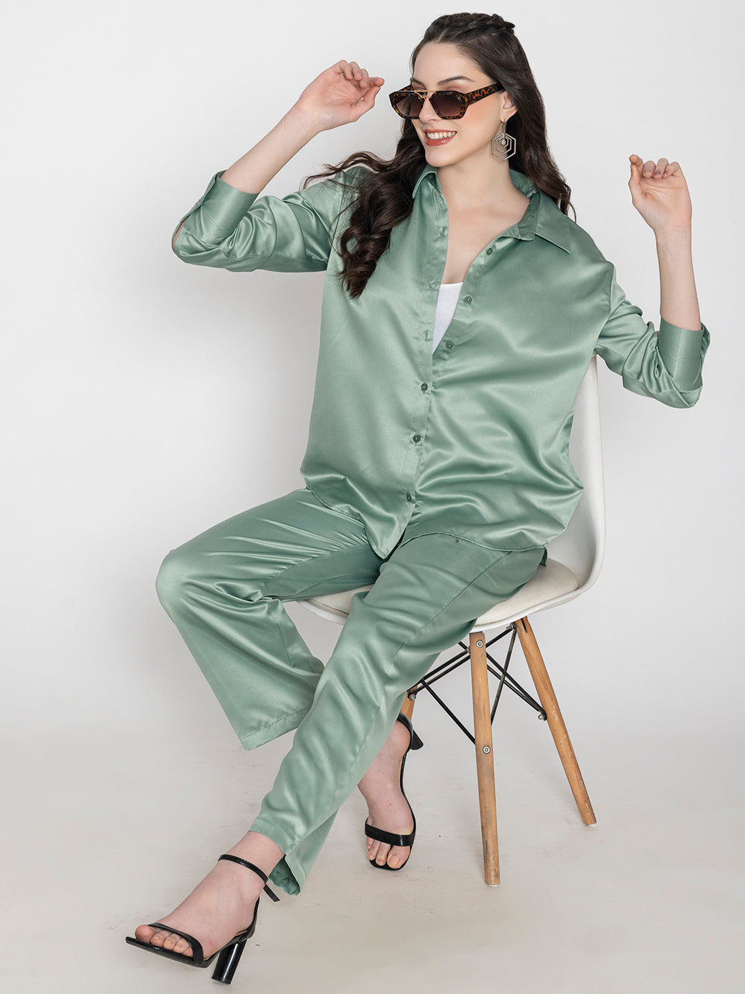 Side view of light green satin co-ord styling