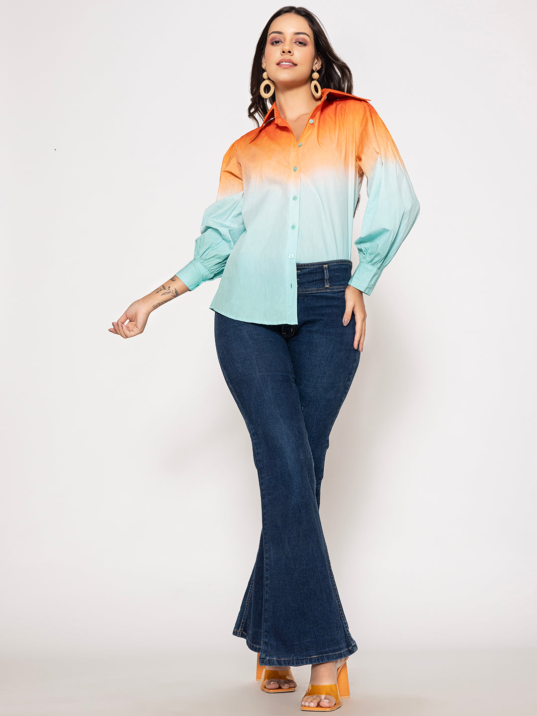 Model wearing orange sky blue ombre cotton shirt
