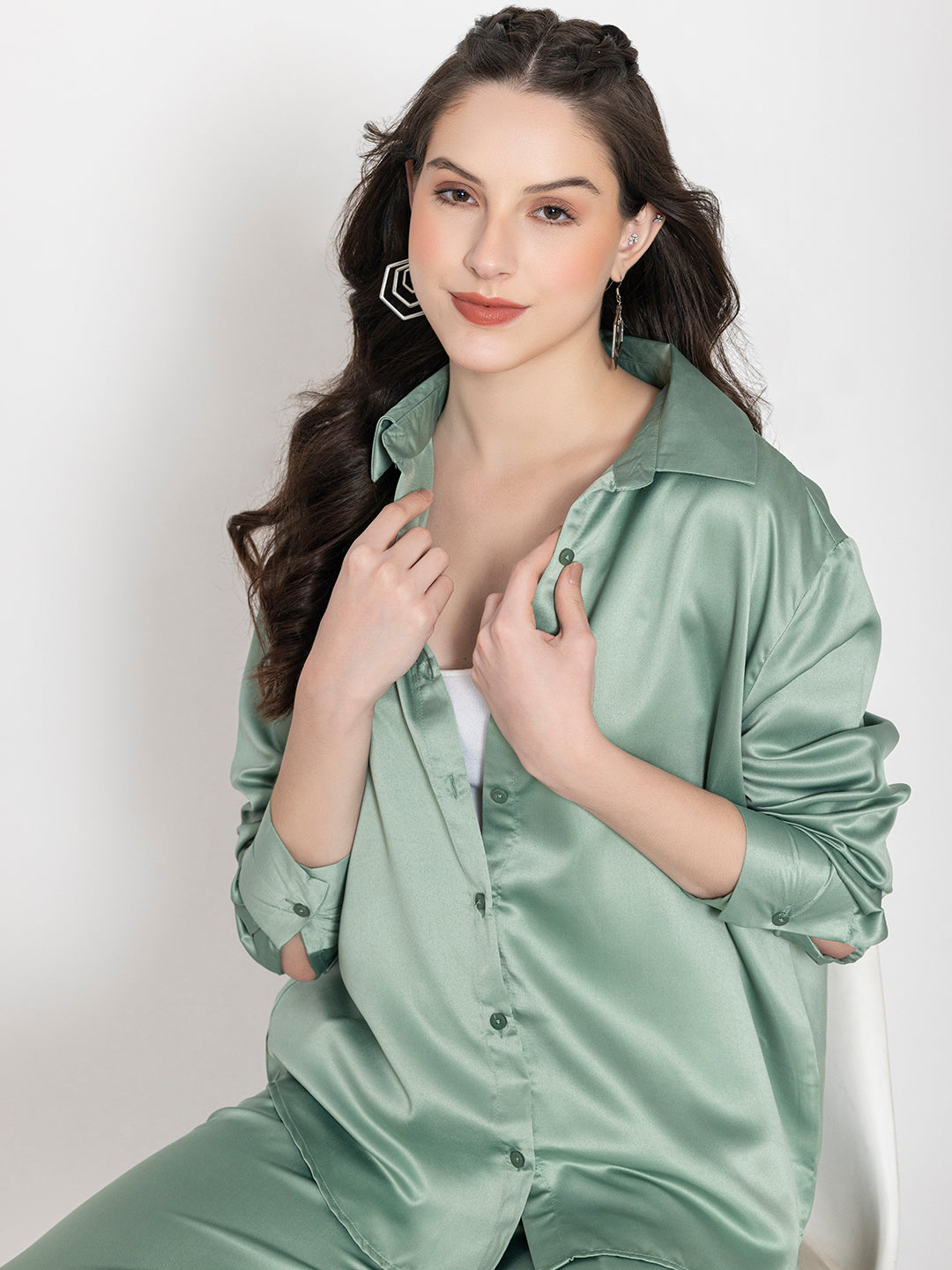 Front view of light green satin co-ord set