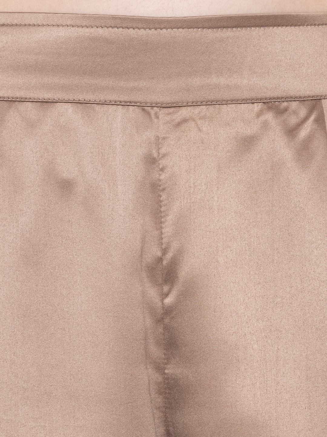 Side view of beige satin co-ord styling