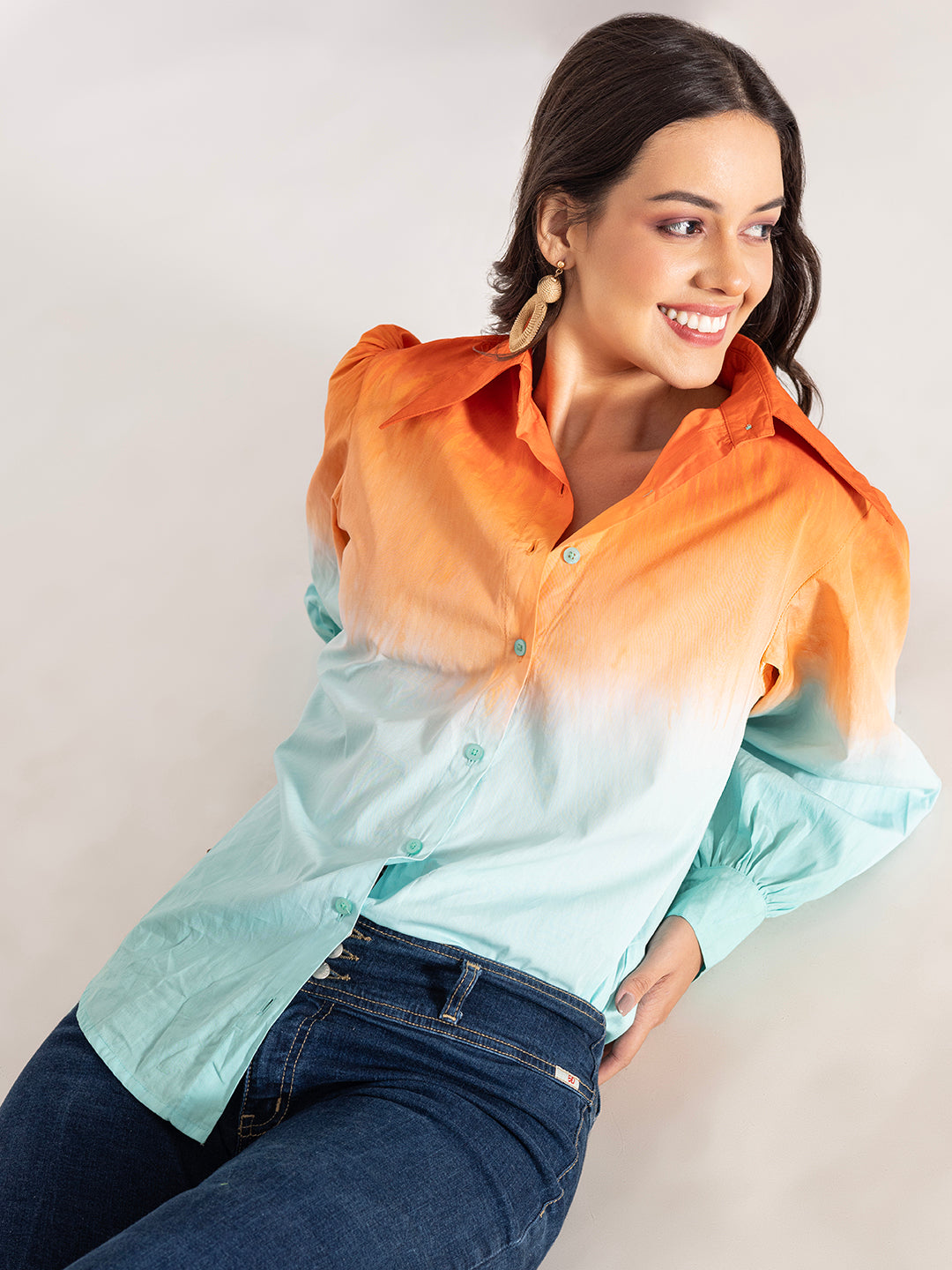 Front view of orange and sky blue ombre cotton oversized shirt
