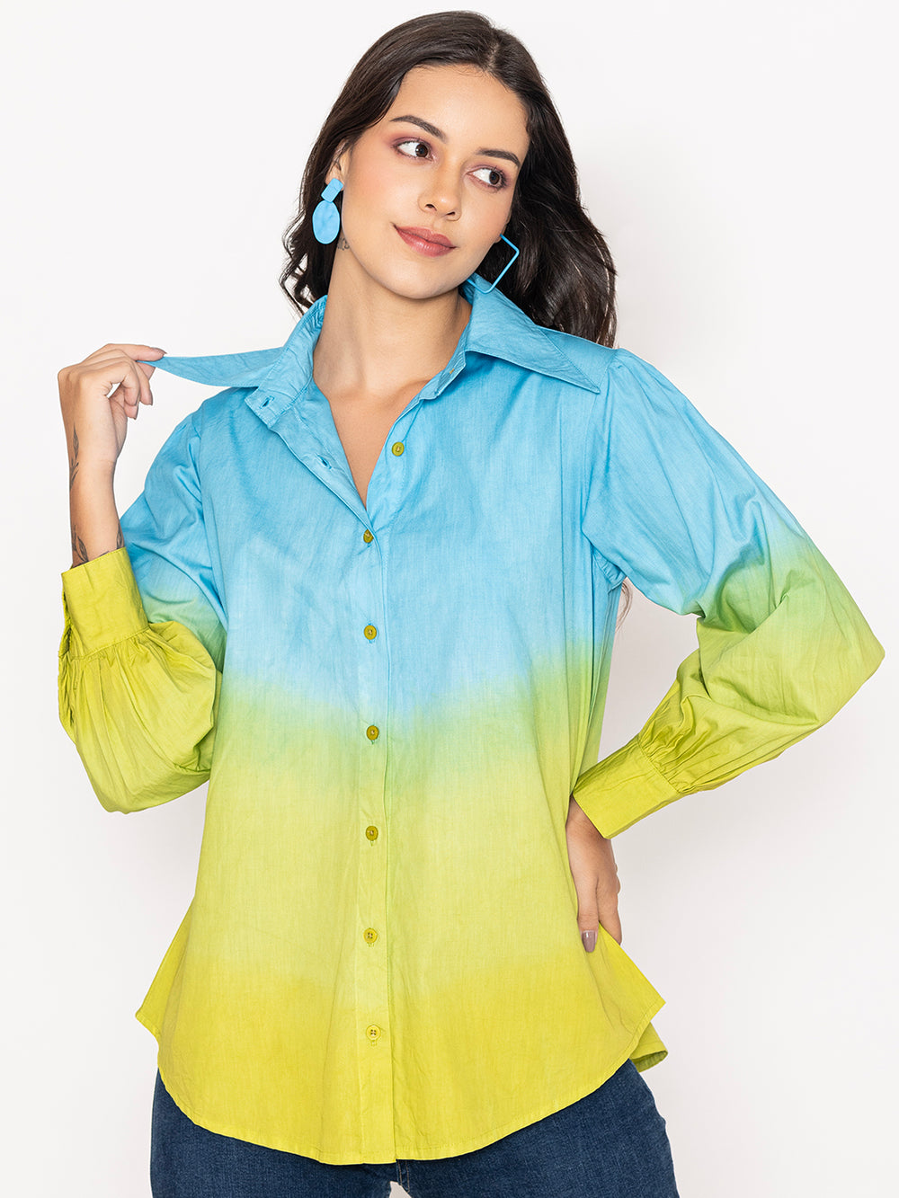 Side view of ombre cotton shirt showing color gradient