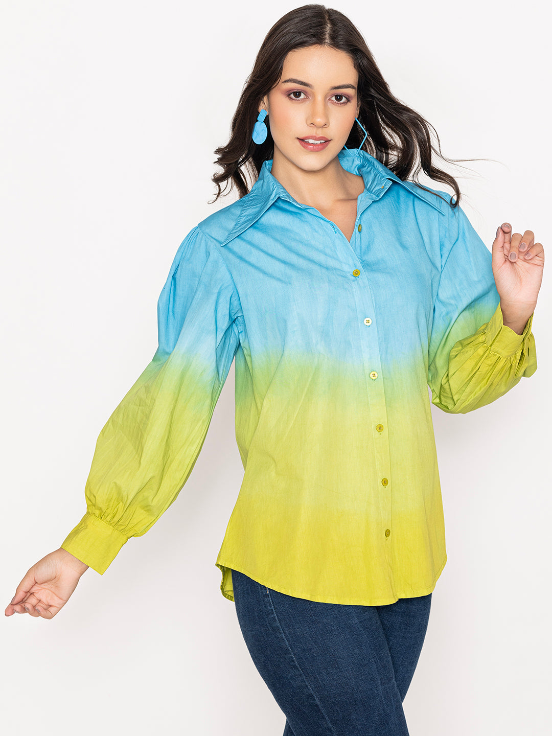 Close-up of buttoned cuffs and ombre dye detail