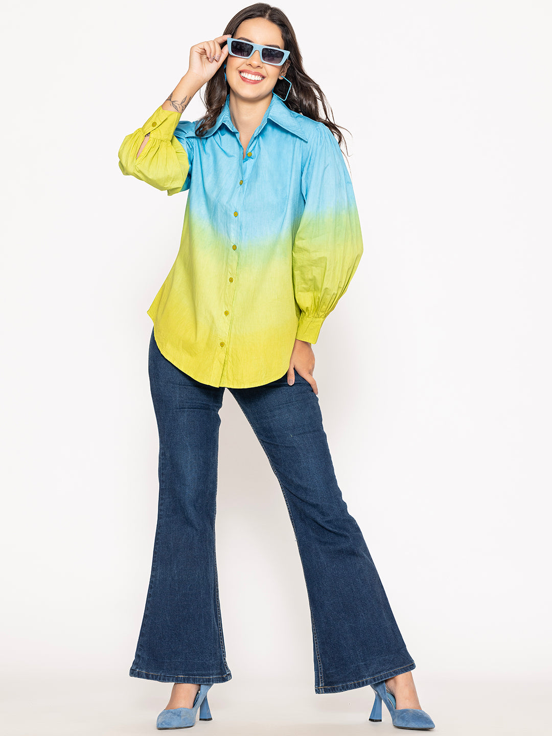 Lifestyle shot of the blue green ombre shirt