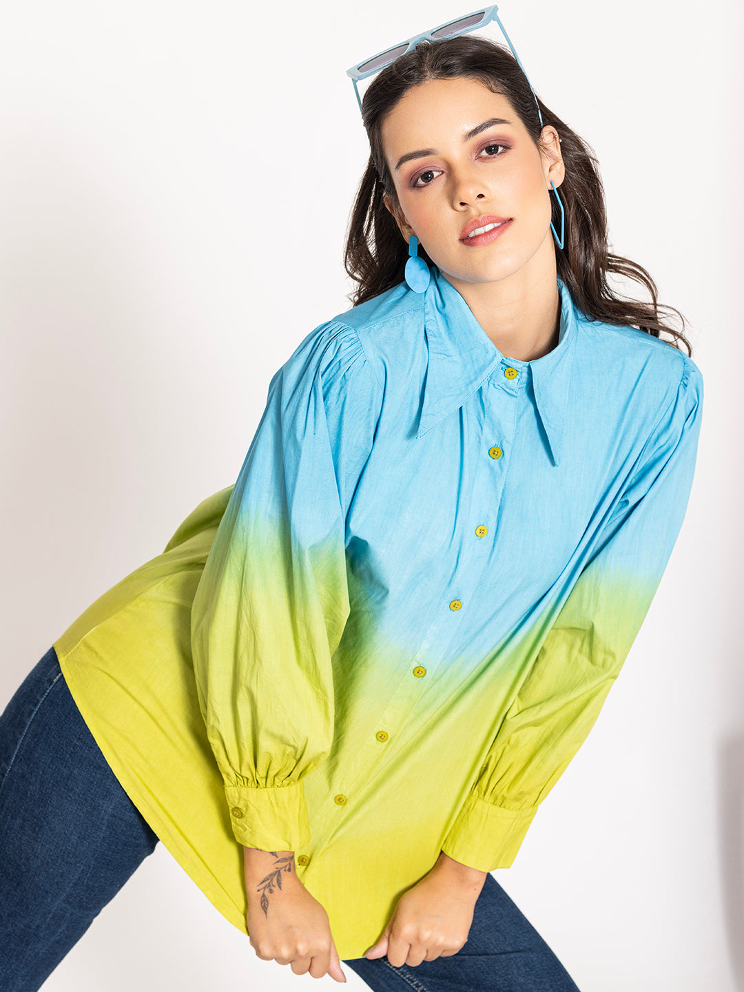 Front view of blue and green ombre cotton oversized shirt