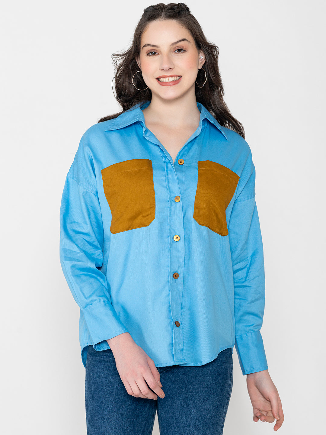 Three-quarter view of sky blue cotton shirt