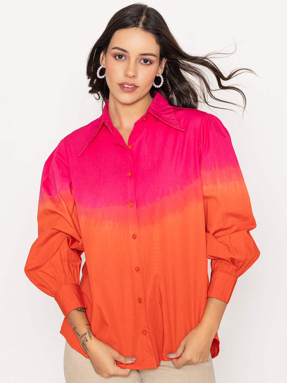 Side view of ombre cotton shirt showing color gradient