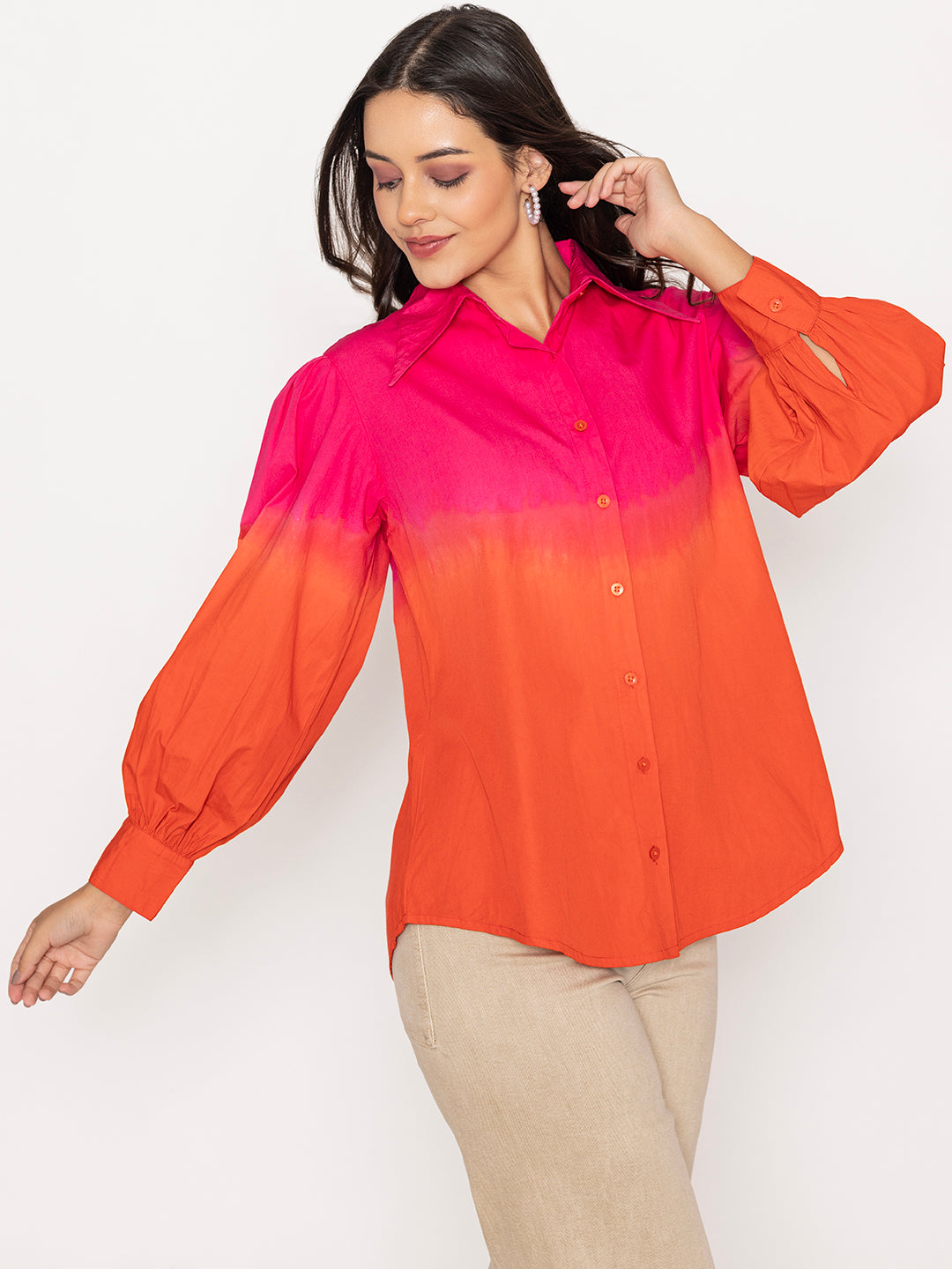 Back view of pink orange ombre cotton shirt