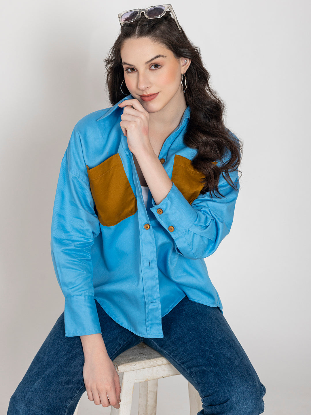 Styled outfit with sky blue twill pocket shirt