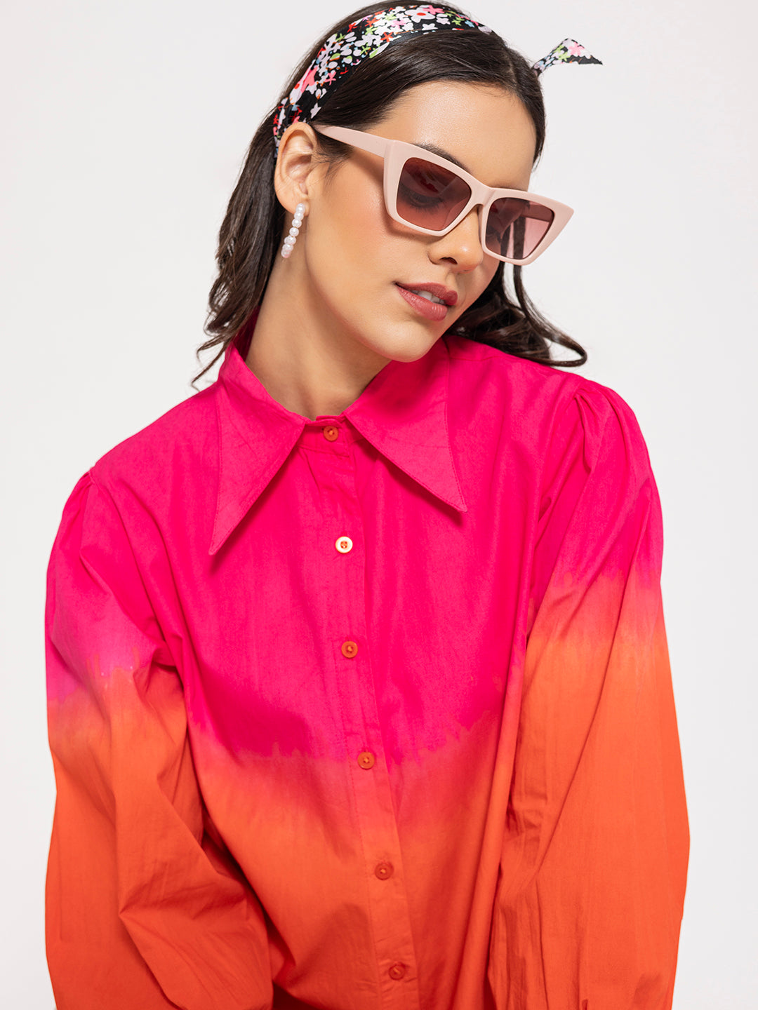 Front view of pink and orange ombre cotton oversized shirt