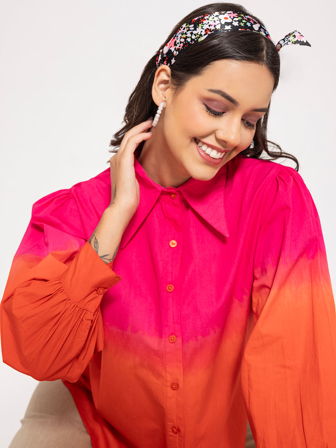 Styled outfit with pink orange ombre cotton shirt