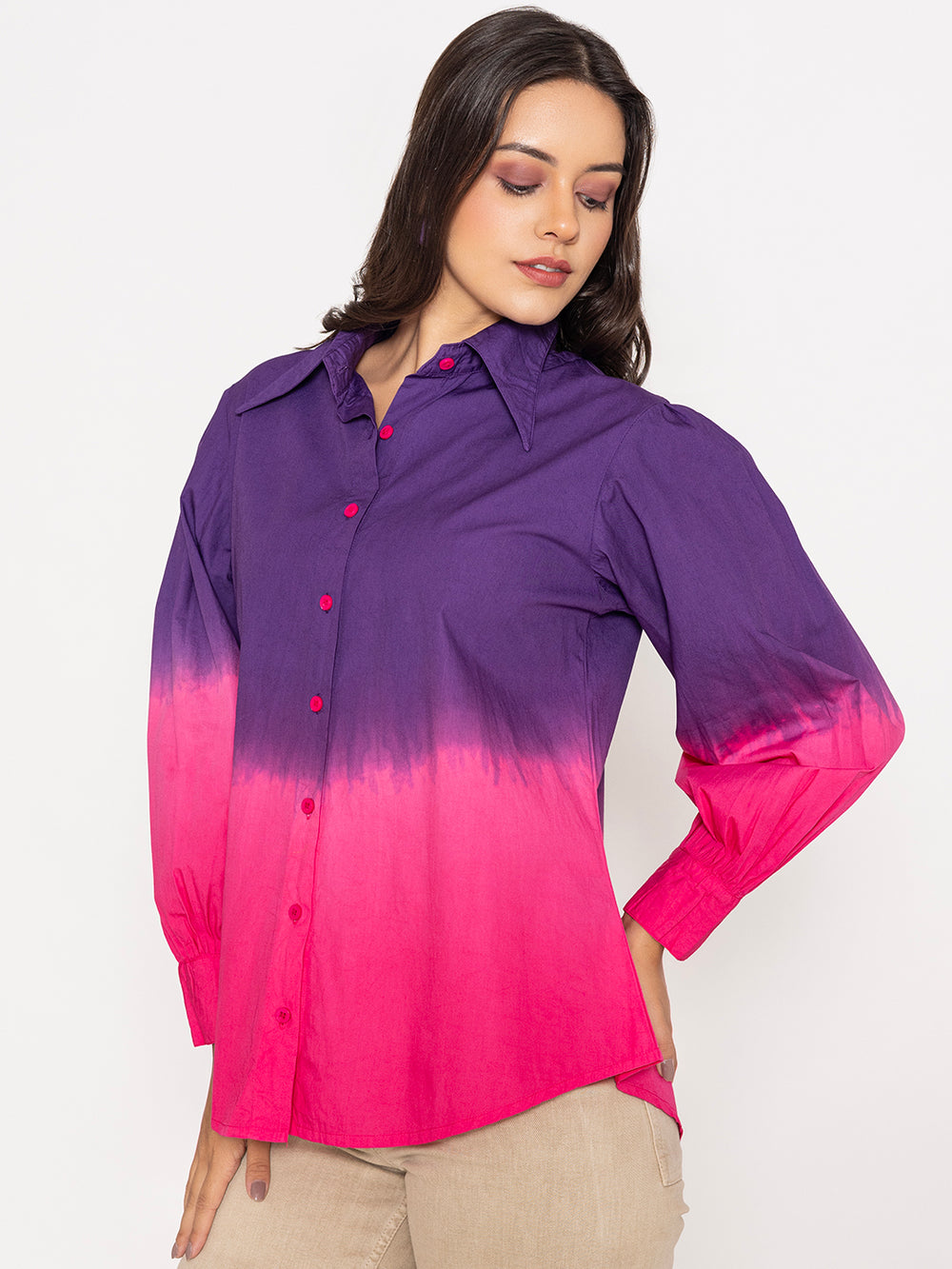 Side view of ombre cotton shirt showing color gradient