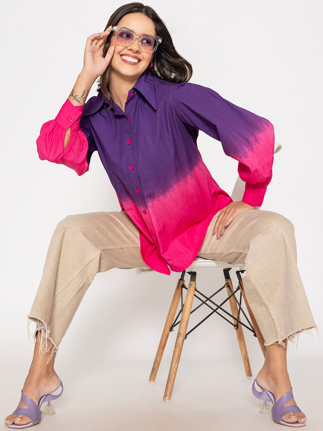 Lifestyle shot of ombre cotton oversized shirt