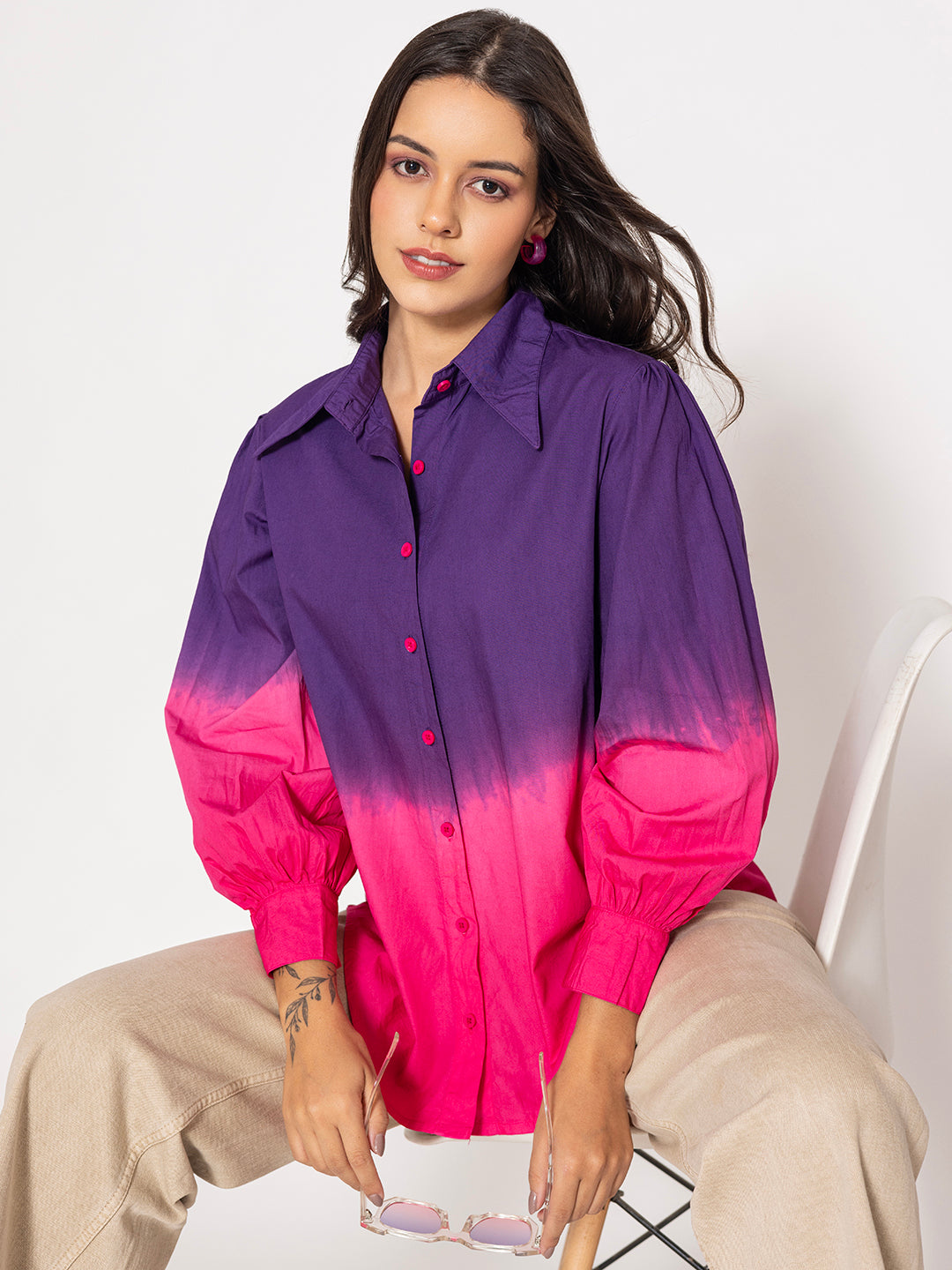 Front view of purple and pink ombre cotton oversized shirt