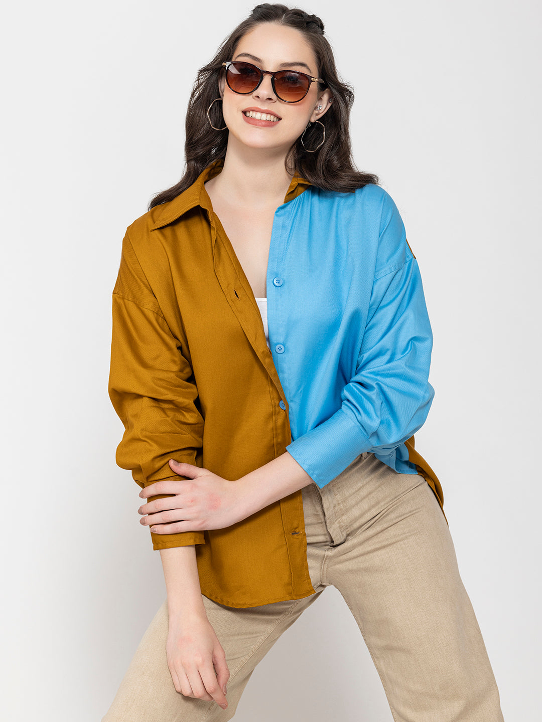 Front view of brown and sky blue colorblocked cotton shirt