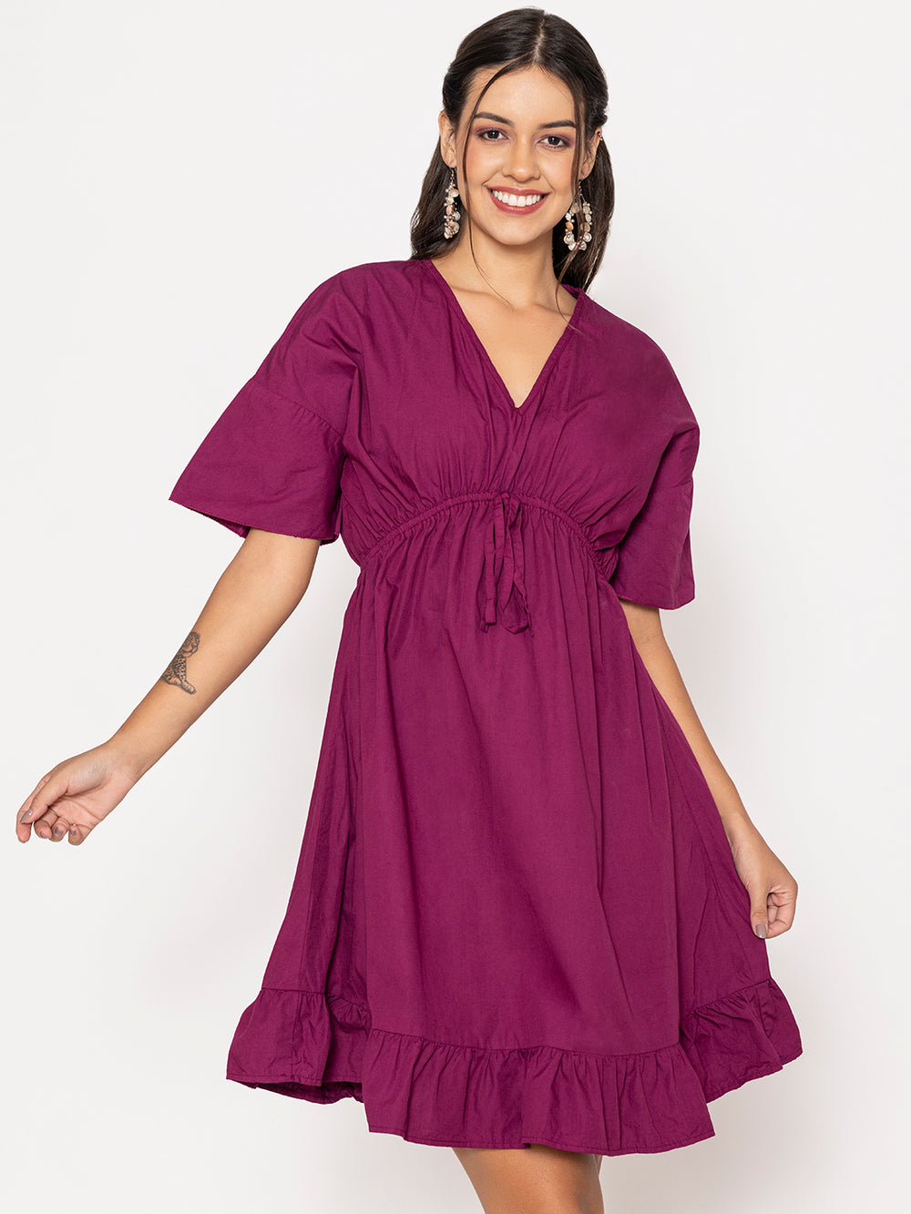 Side view of wine cotton dress