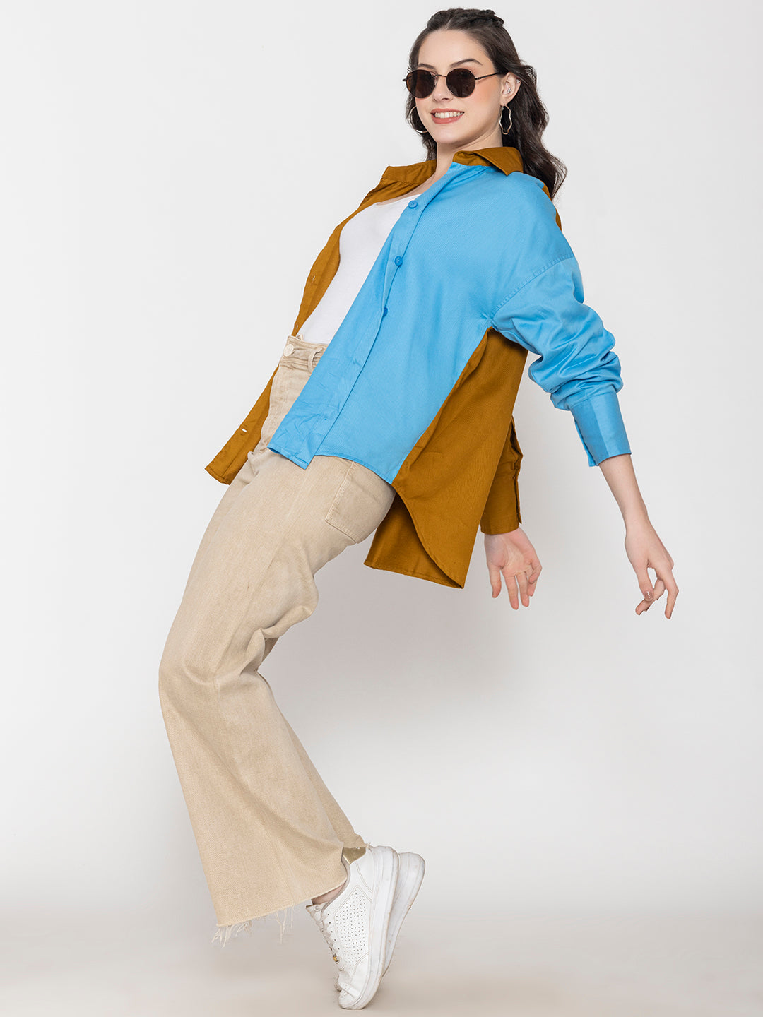 Styled outfit of colorblocked cotton oversized shirt