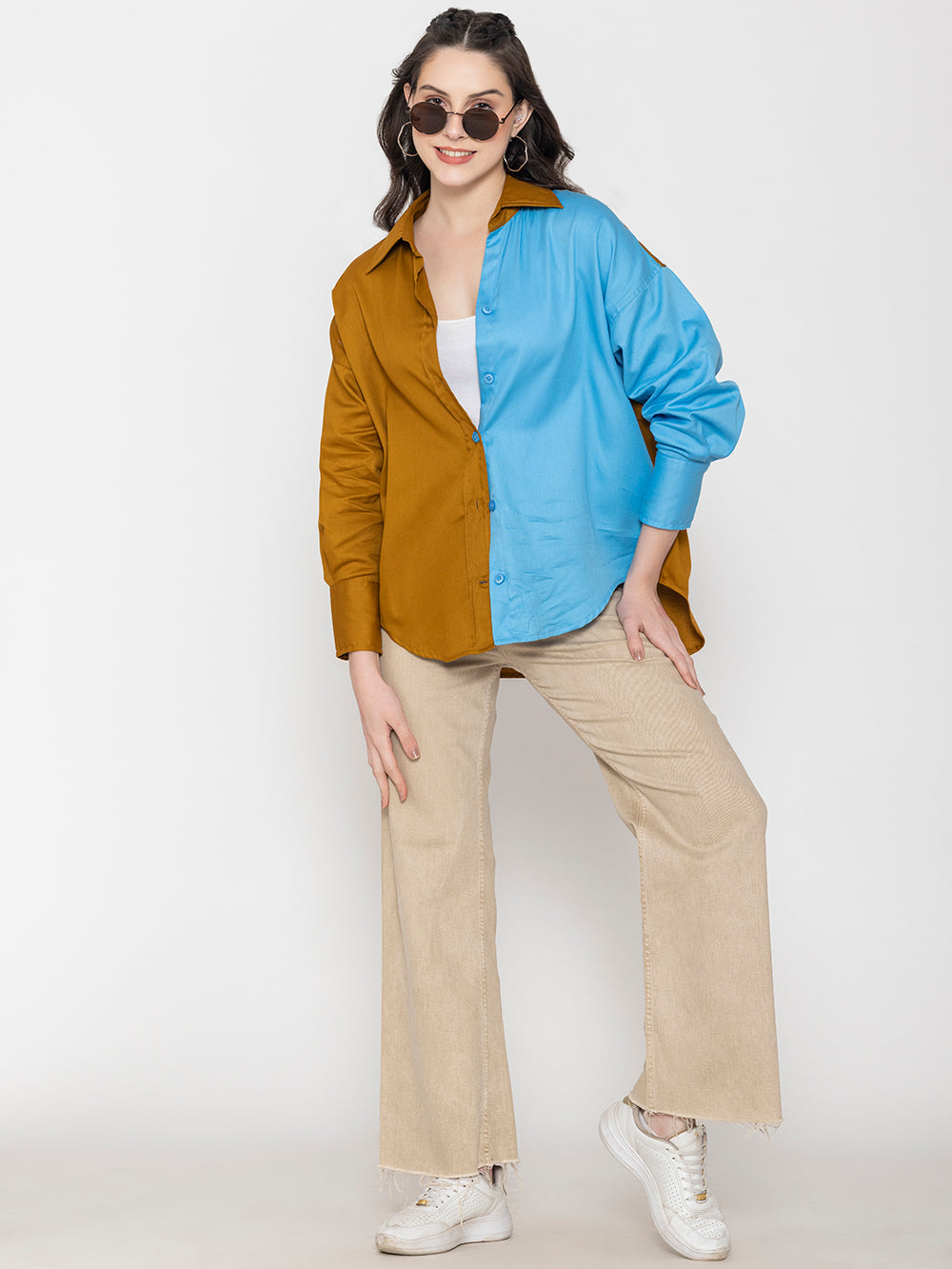 Side view of colorblocked cotton oversized shirt