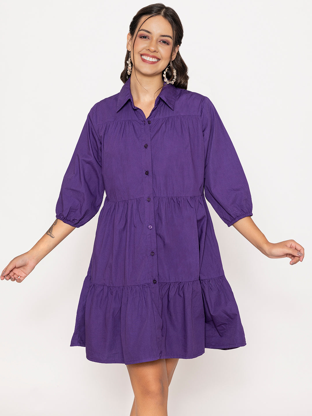 Side view of purple cotton shirt dress
