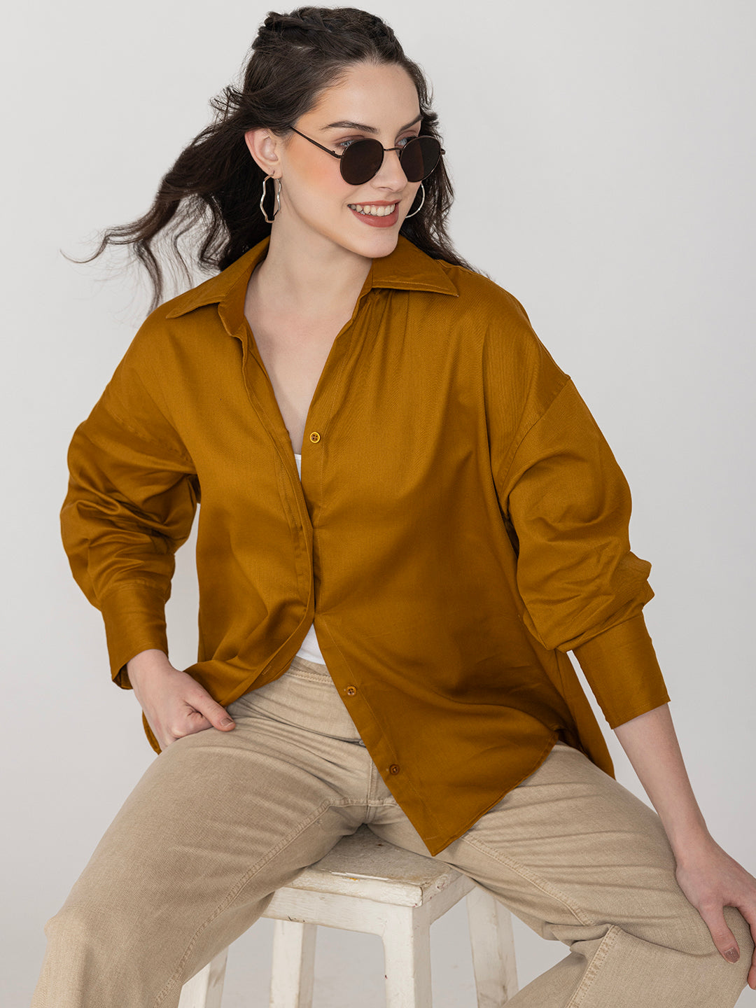 Front view of brown twill cotton oversized shirt