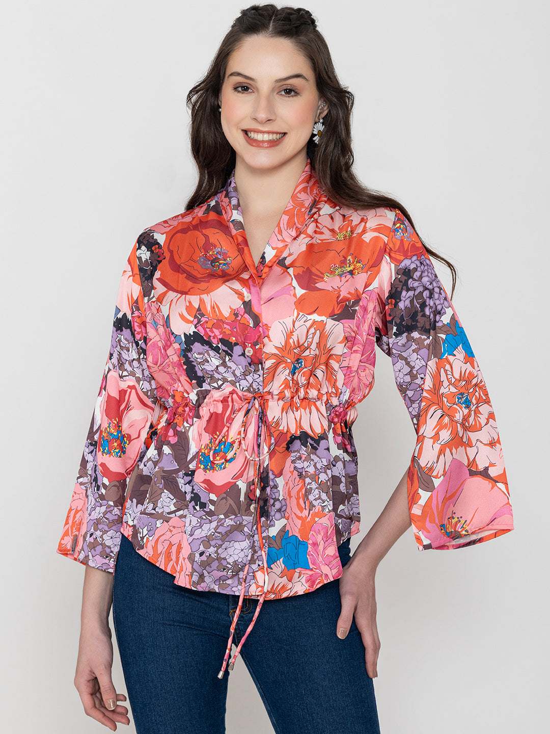 Back view of pink floral satin shirt collar top
