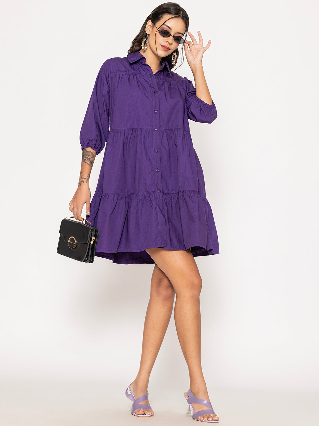 Close-up of collar on purple cotton shirt dress