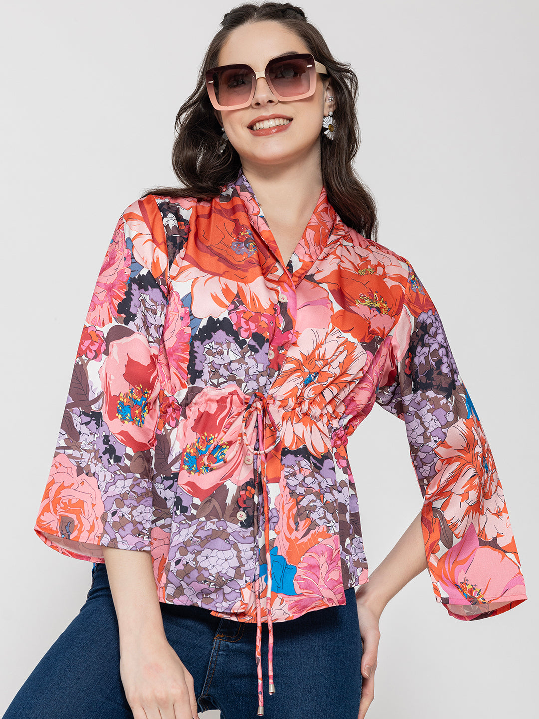 Front view of pink floral print satin shirt collar top for women
