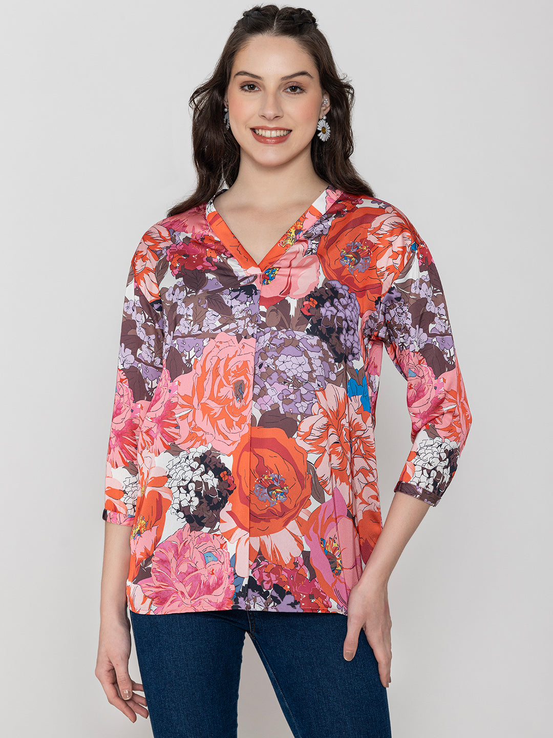 Back view of pink floral print satin top