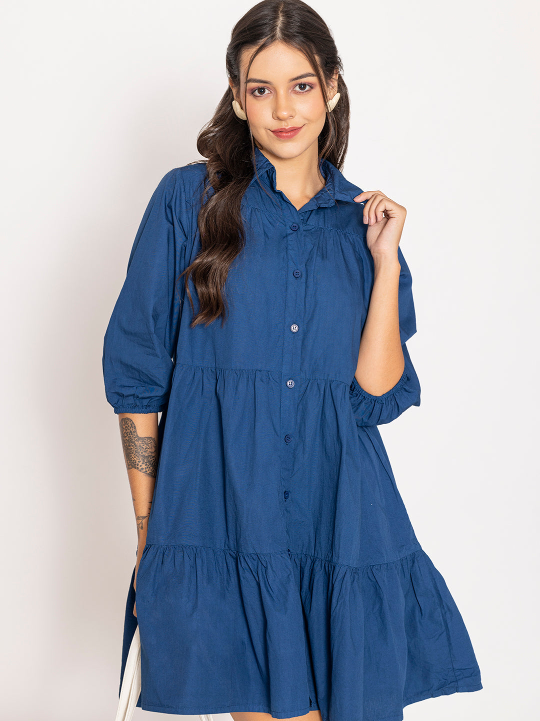 Back view of the blue cotton shirt dress