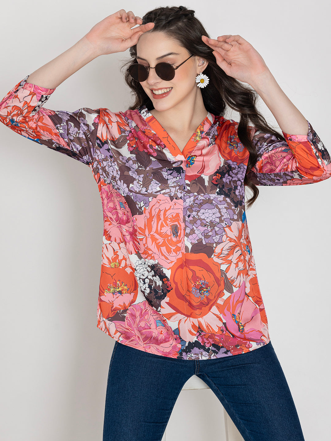 Front view of pink floral print satin v-neck top