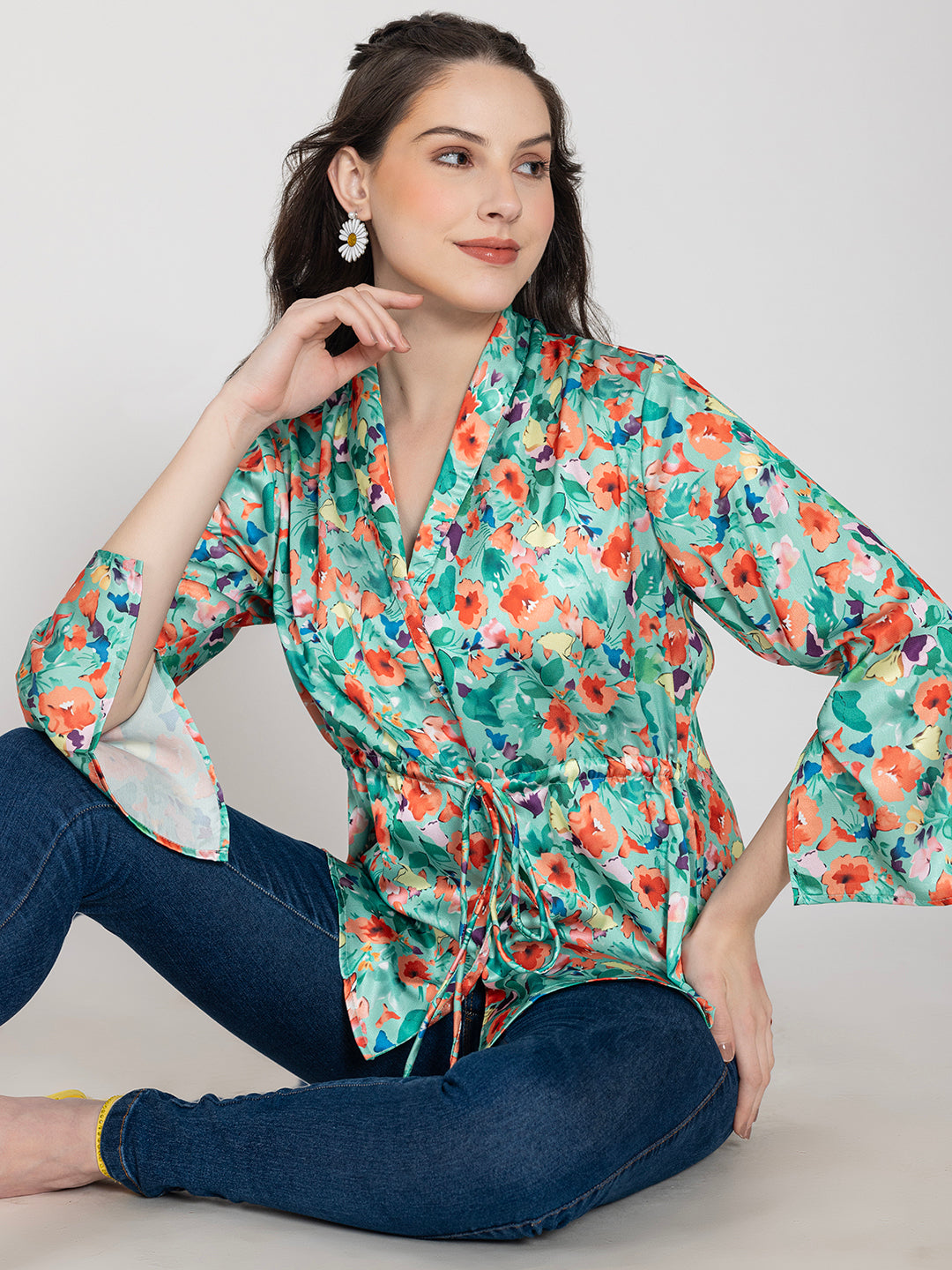 Front view of green floral print satin shirt collar top