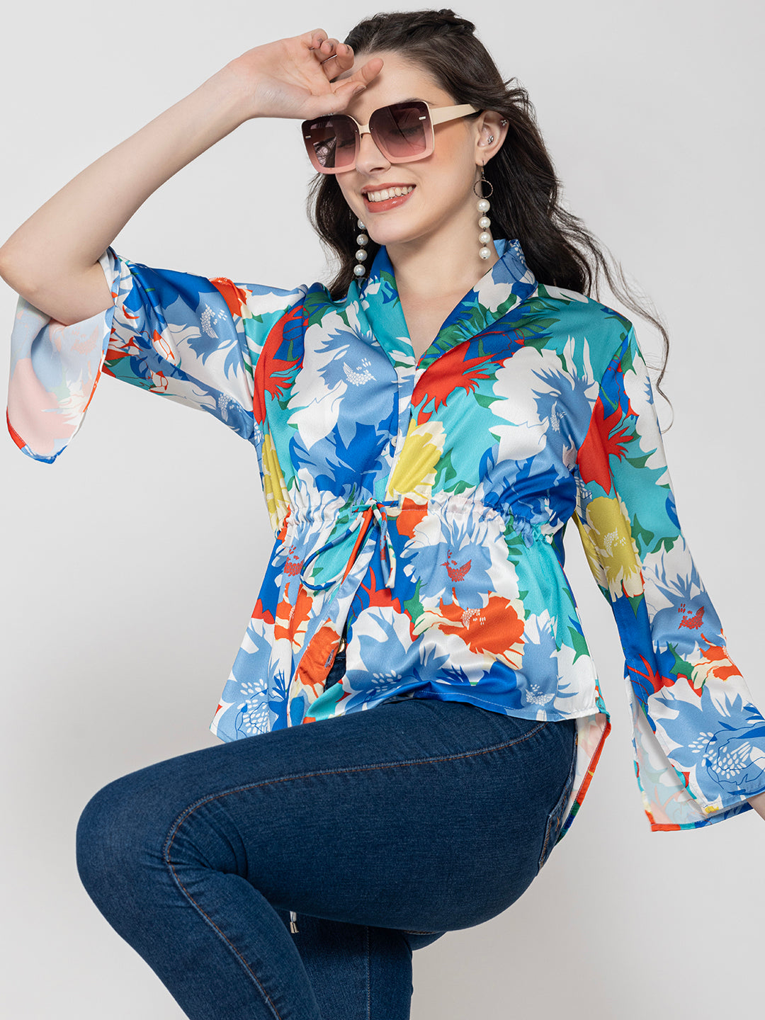 Front view of blue floral print satin shirt collar top
