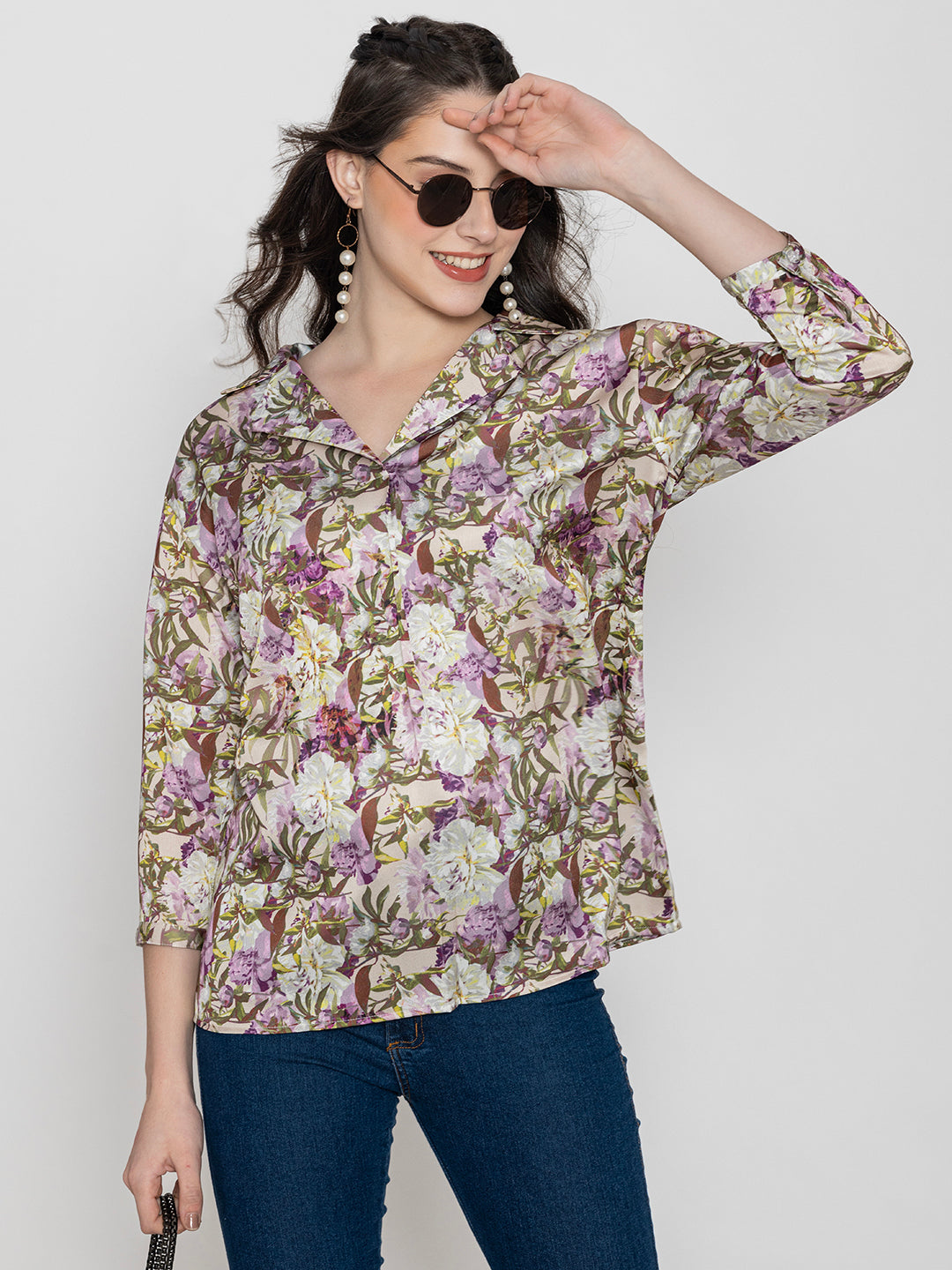 Front view of purple floral print satin shirt collar top