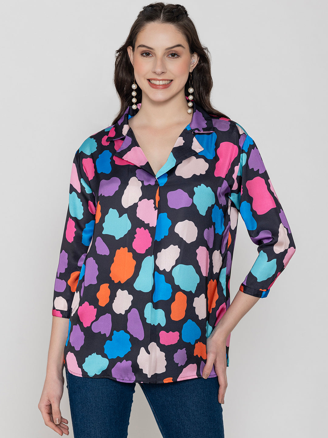 Back view of multi print satin top