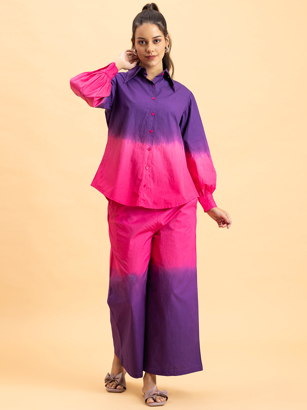 Back view of purple and pink ombre cotton co-ord set
