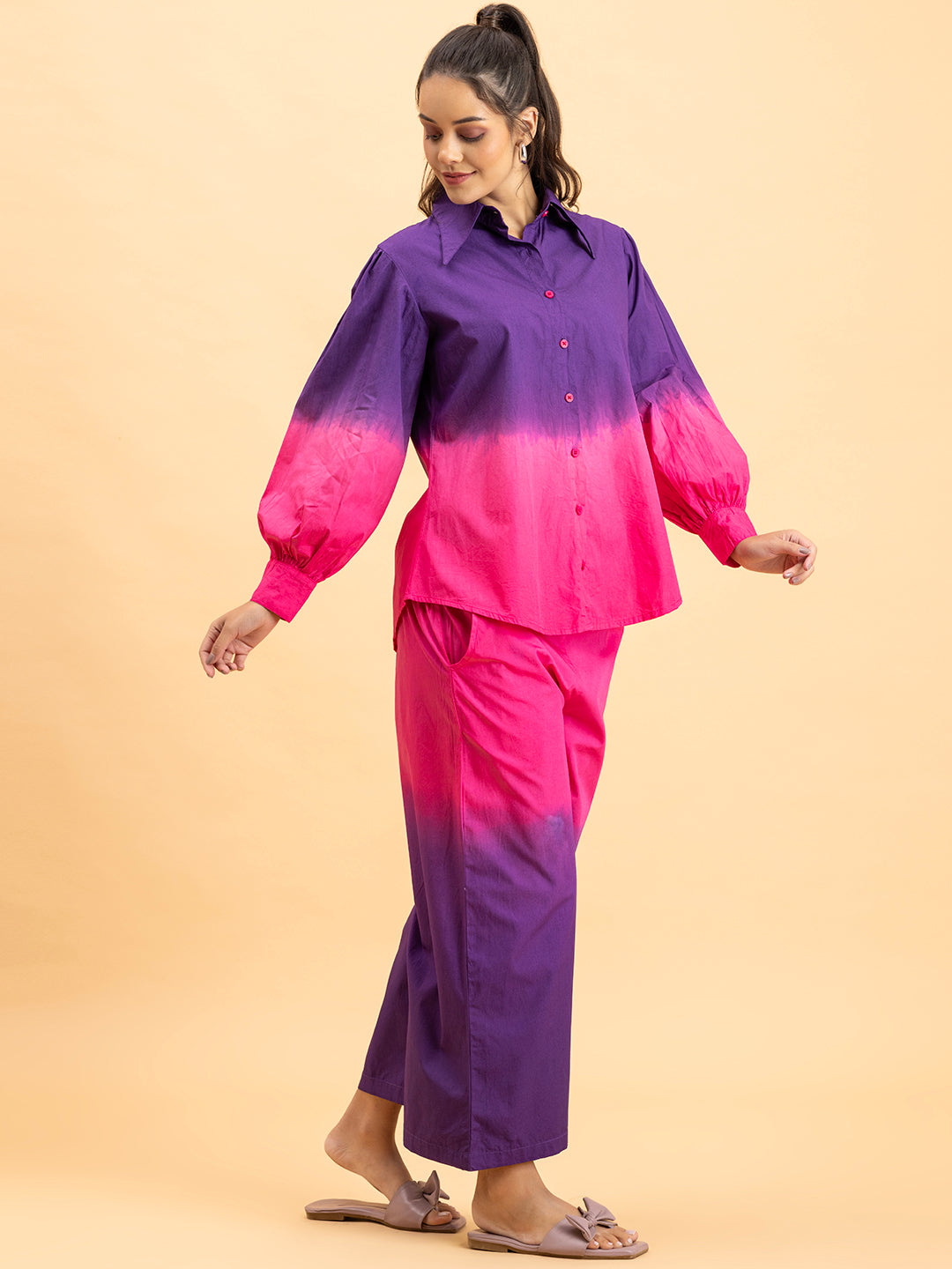 Lifestyle shot of model in purple pink ombre co-ord set