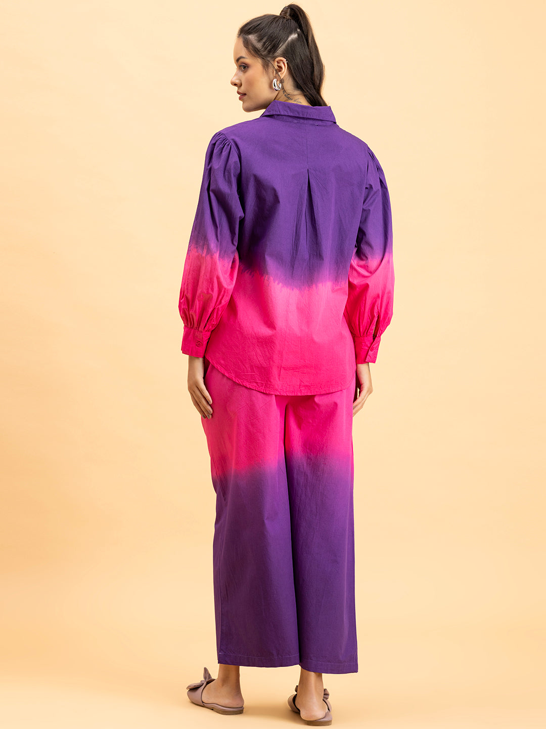 Three-quarter view of purple pink ombre cotton co-ord