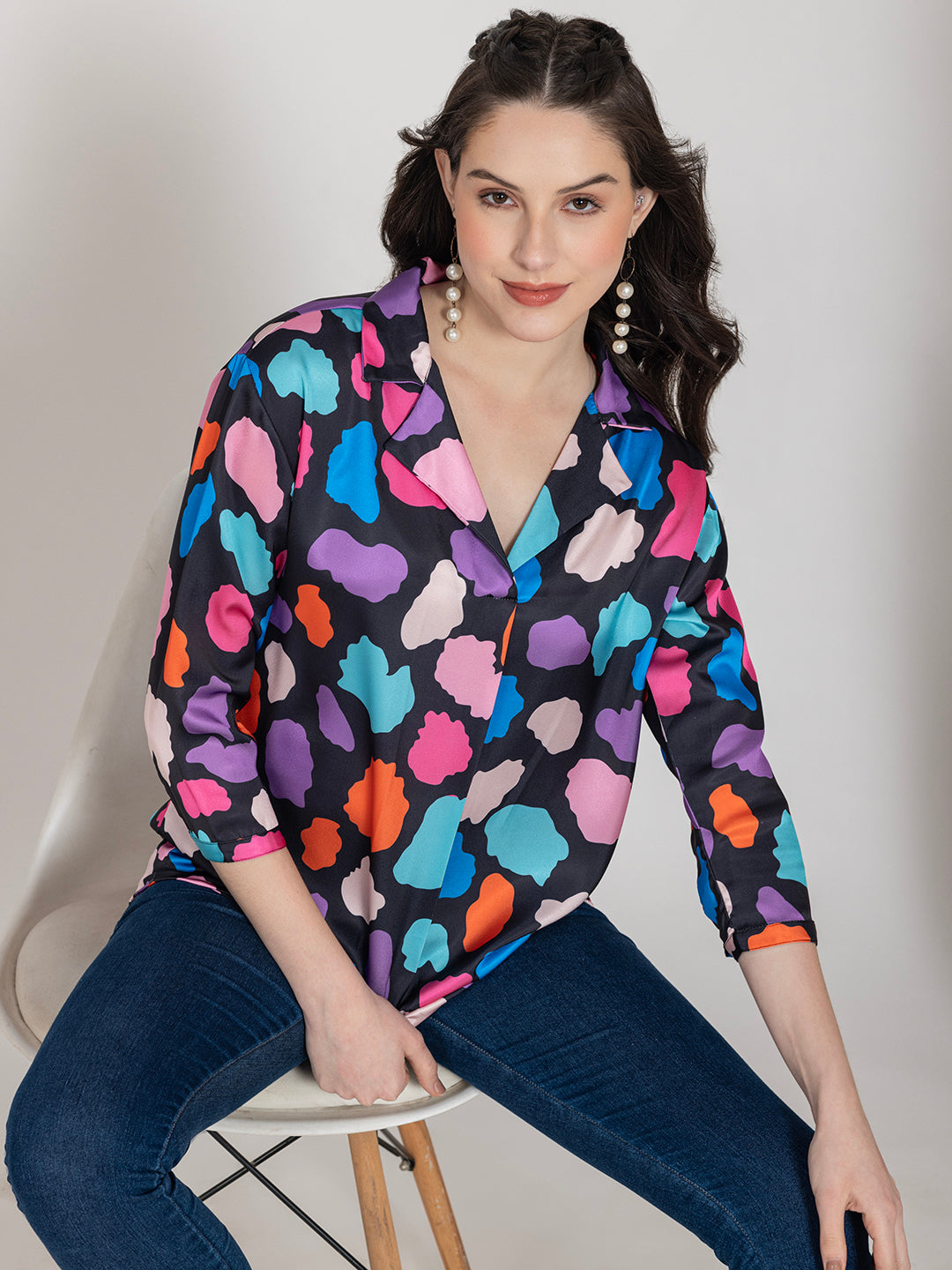 Front view of multi print satin shirt collar top