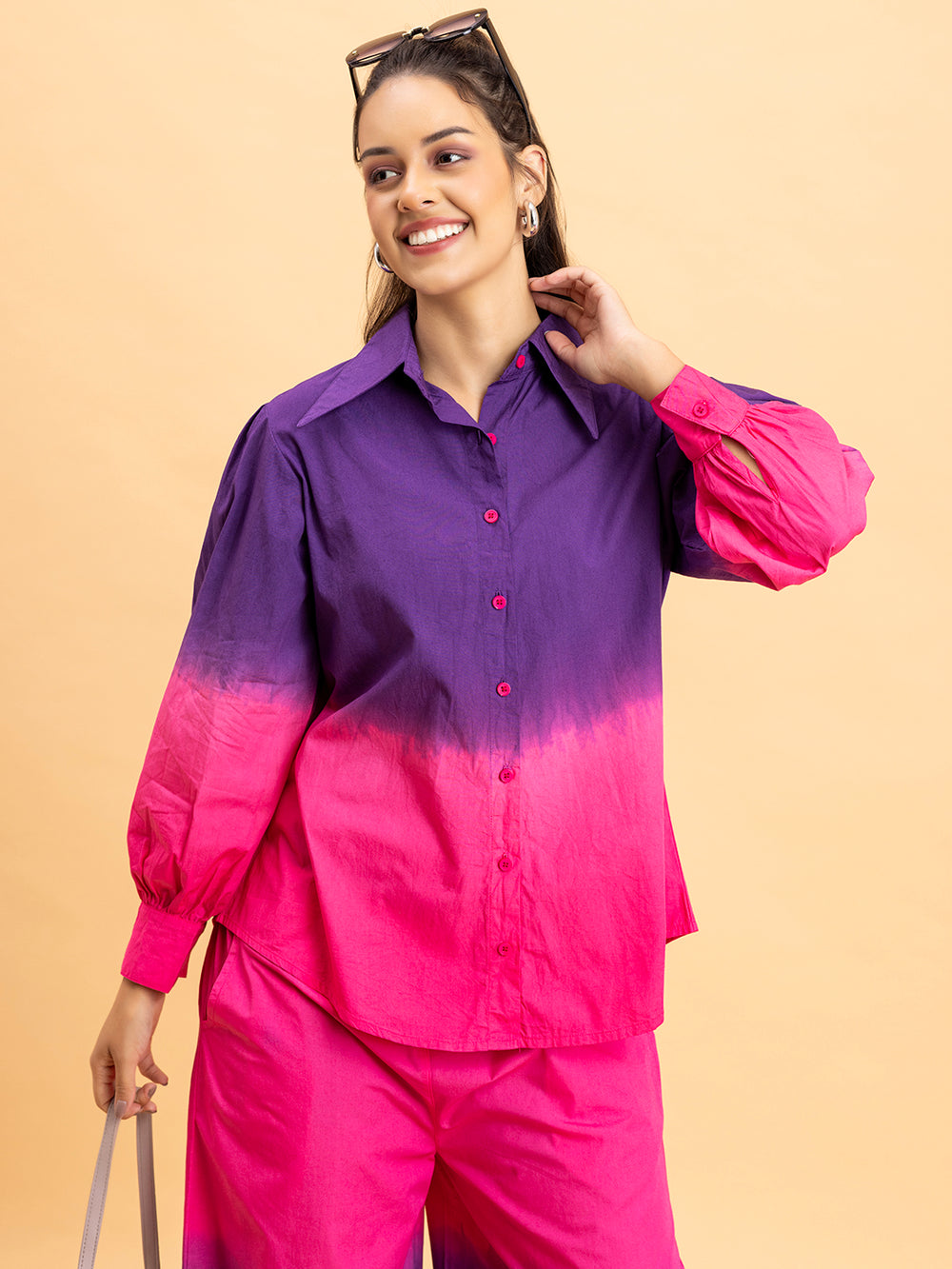 Side angle of purple pink ombre cotton co-ord on model
