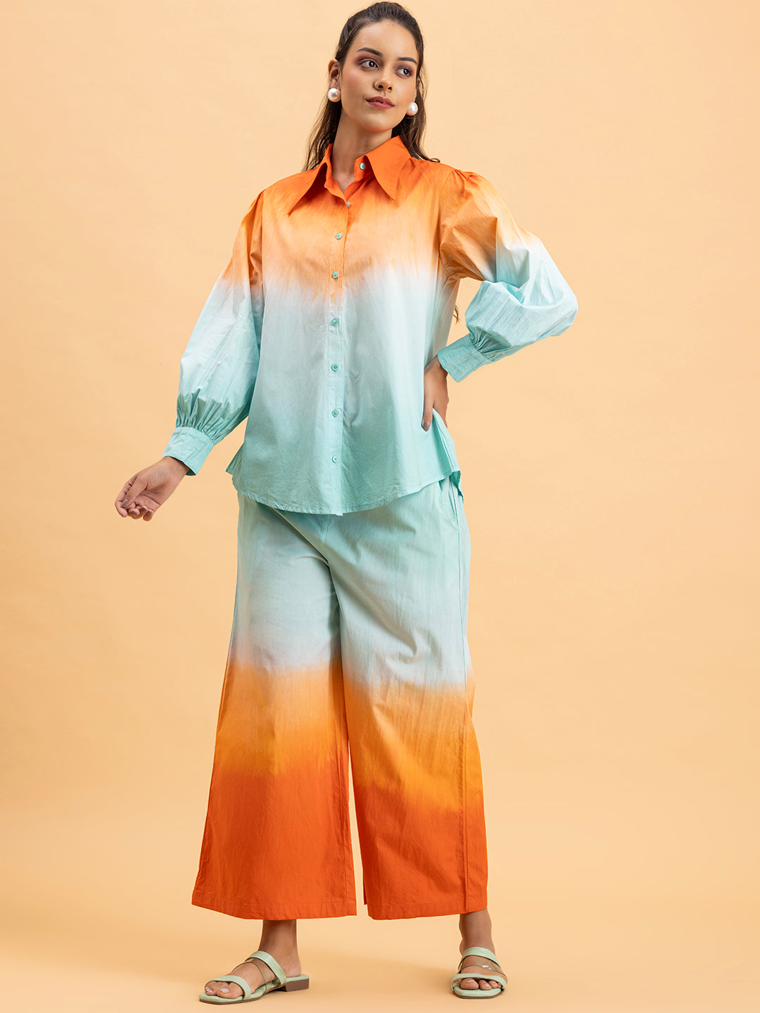 Three-quarter view of orange blue ombre cotton co-ord