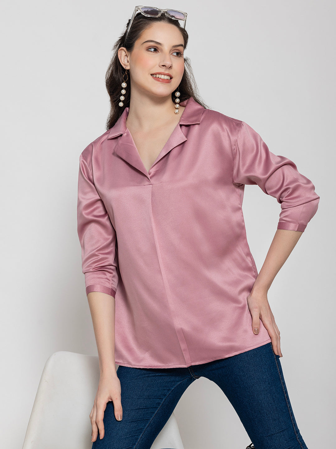 Front view of light pink satin shirt collar top