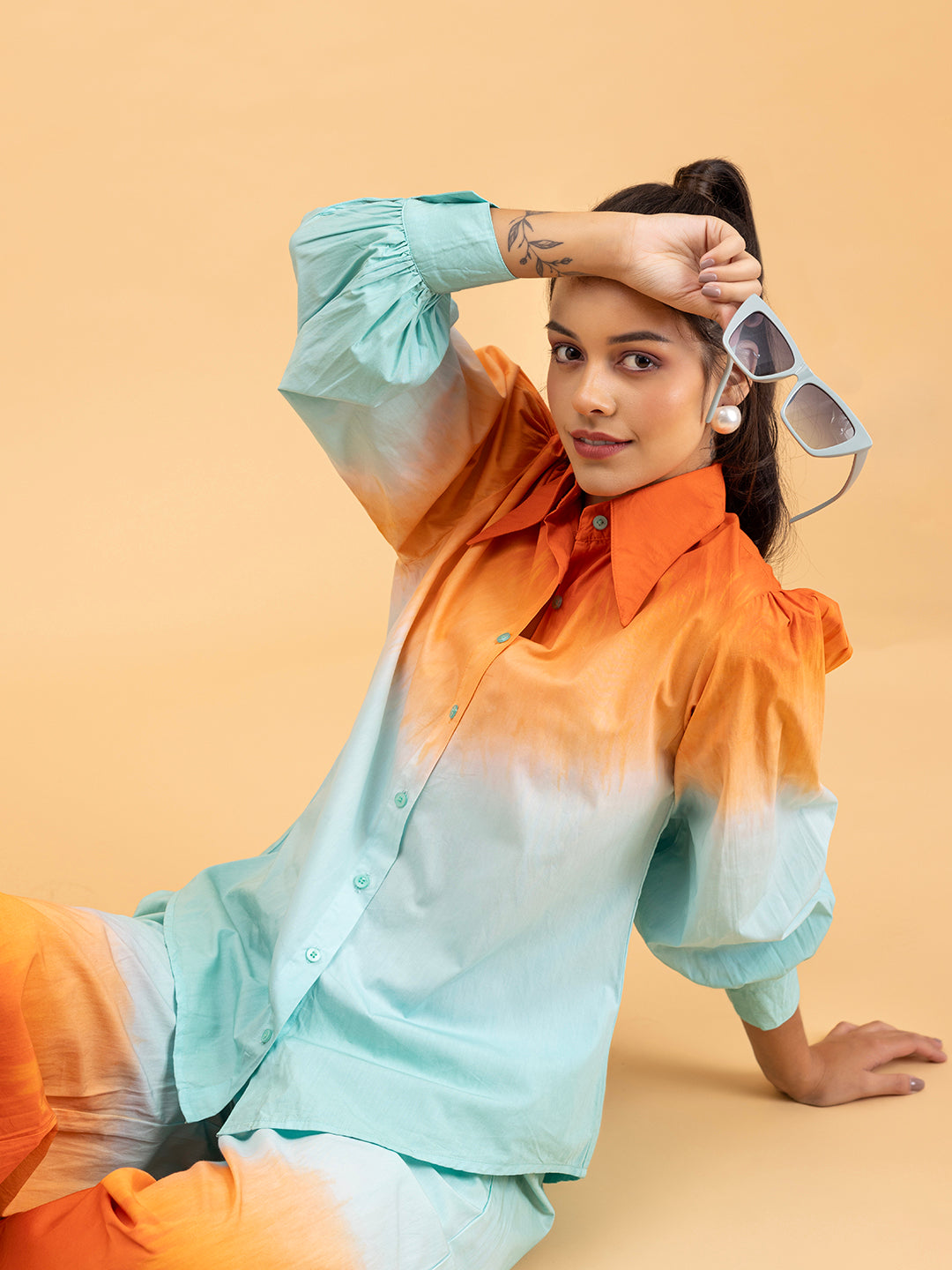 Back view of orange and blue ombre cotton co-ord set