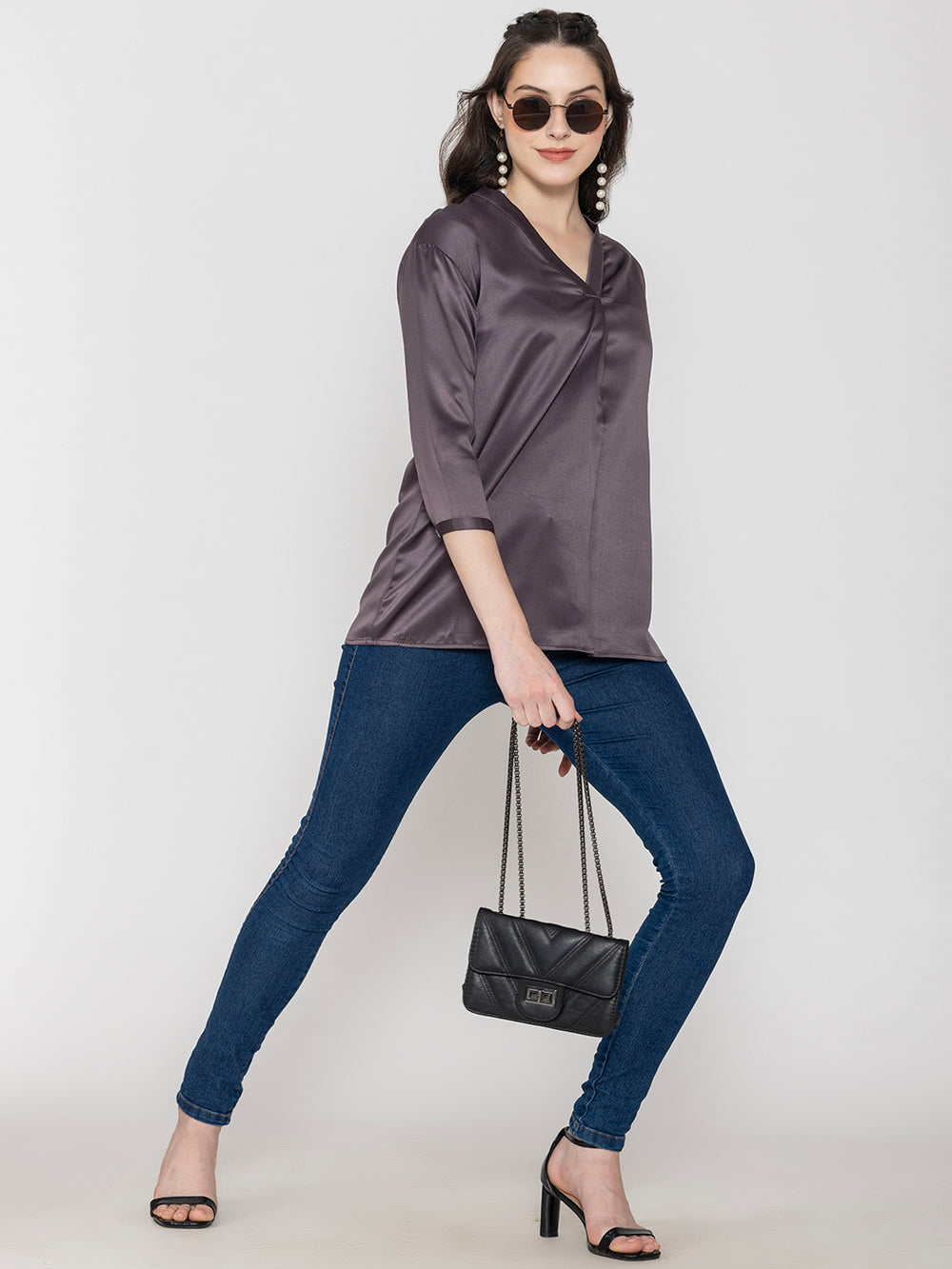Side view of steel grey satin top