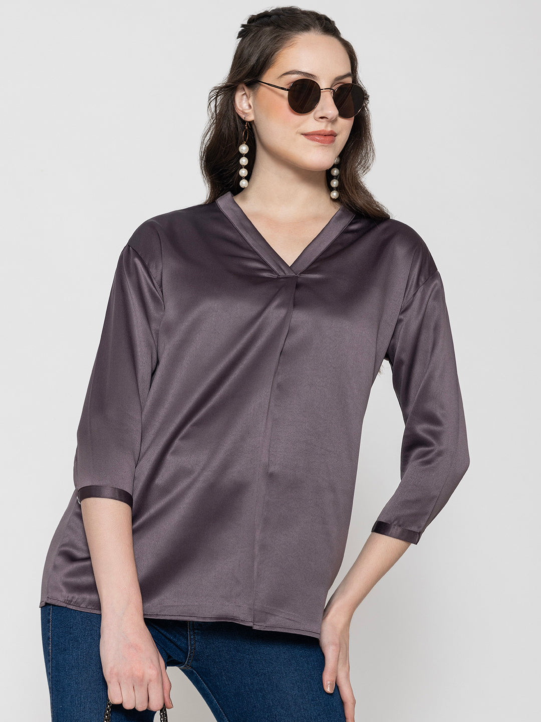Front view of steel grey satin v-neck top