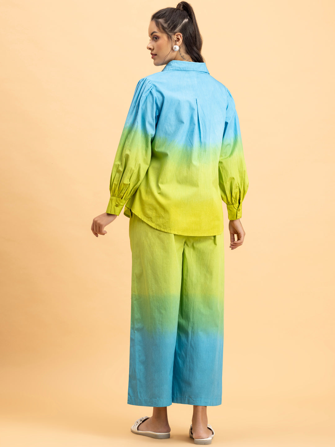 Three-quarter view of blue green ombre cotton co-ord set
