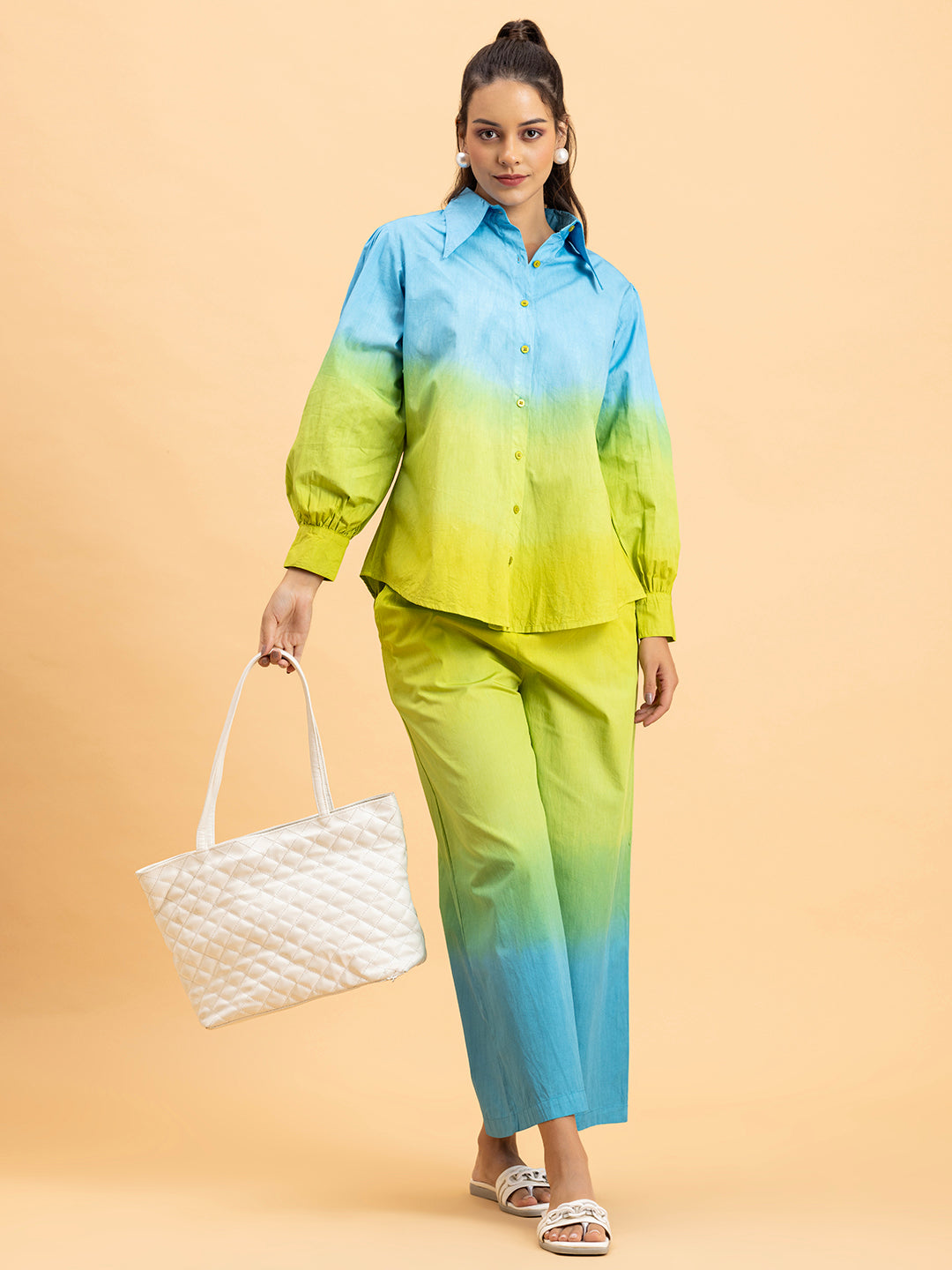 Back view of blue and green ombre cotton co-ord set
