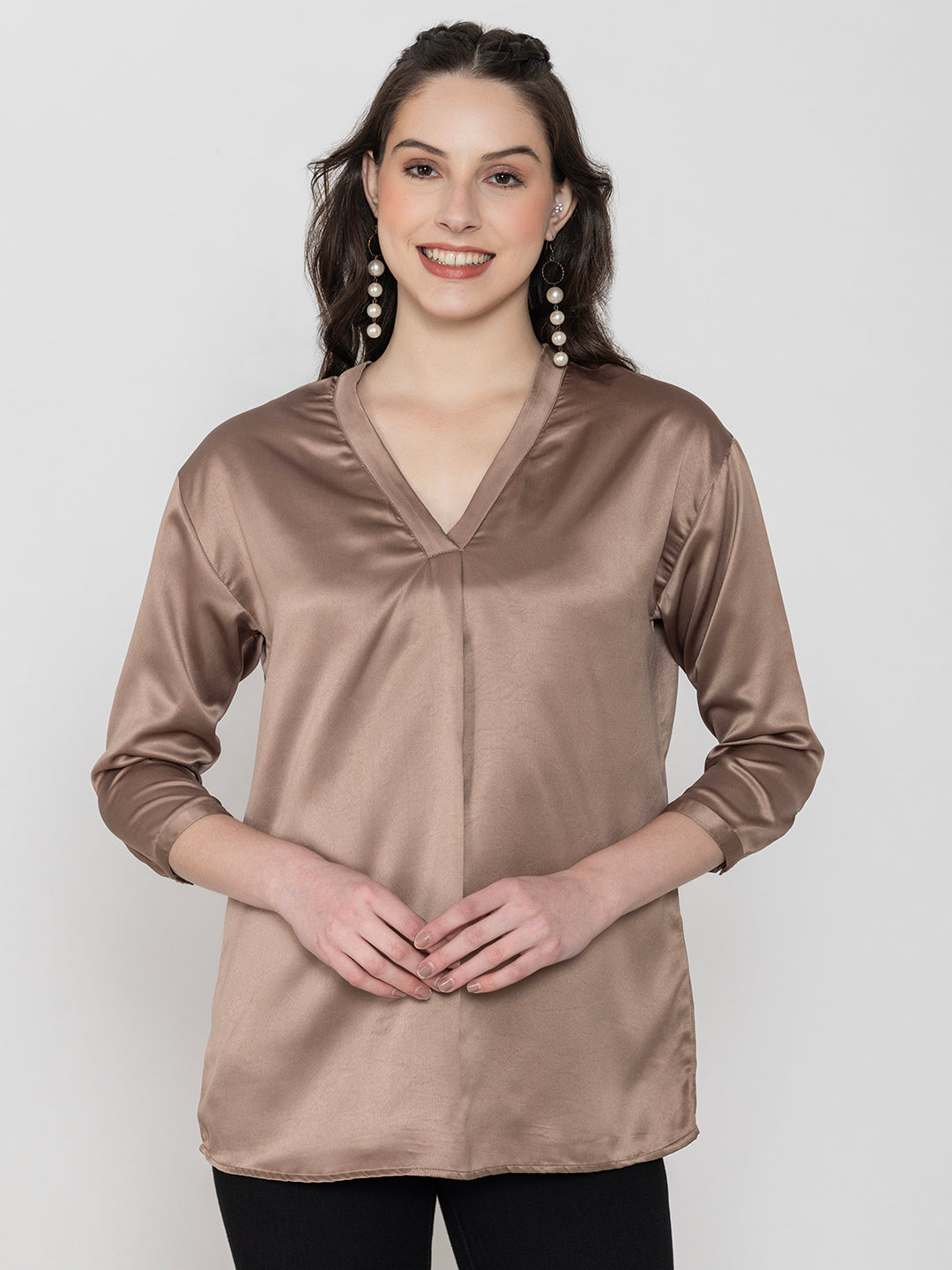 Back view of beige satin top