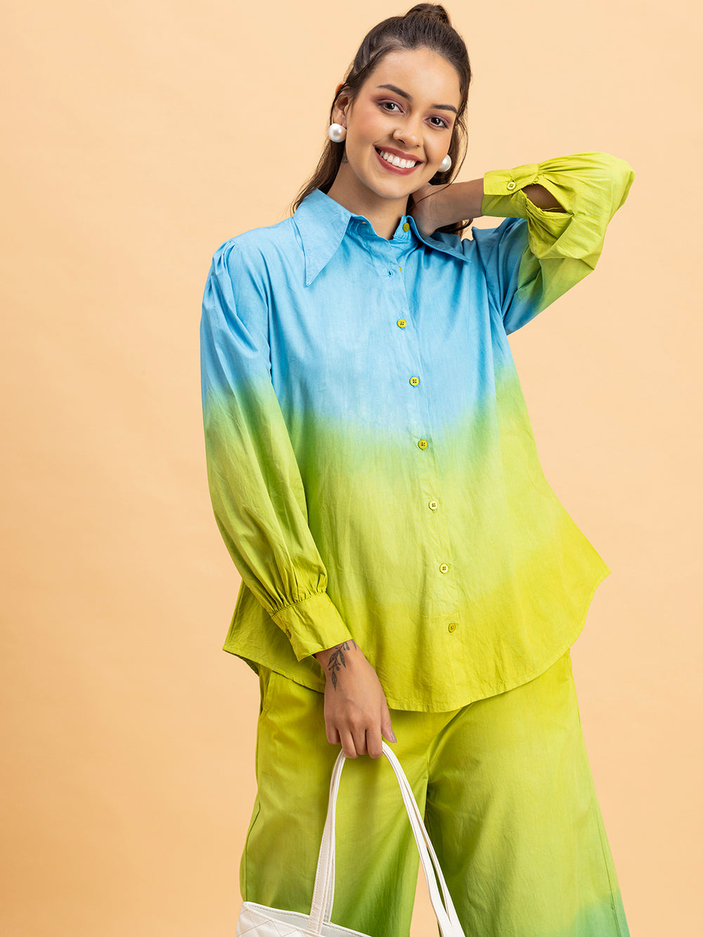 Side angle of blue green ombre cotton co-ord set on model