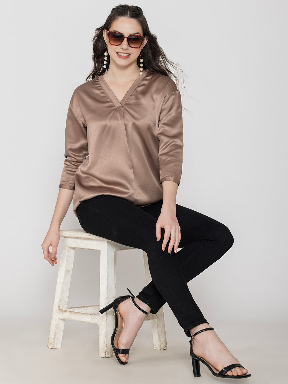 Front view of beige V-neck satin top